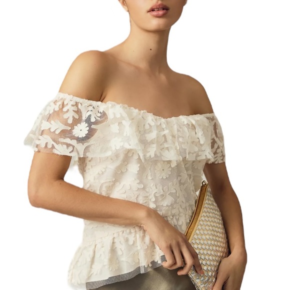 NWOT Anthropologie Textured Ivory Mesh Lace Off The Shoulder Top Blouse - XL - Picture 3 of 16